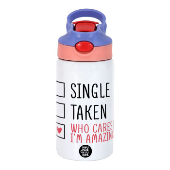 Single, Taken, Who cares i'm amazing, Children's hot water bottle, stainless steel, with safety straw, pink/purple (350ml)