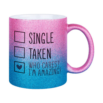 Single, Taken, Who cares i'm amazing, Κούπα Χρυσή/Μπλε Glitter, κεραμική, 330ml