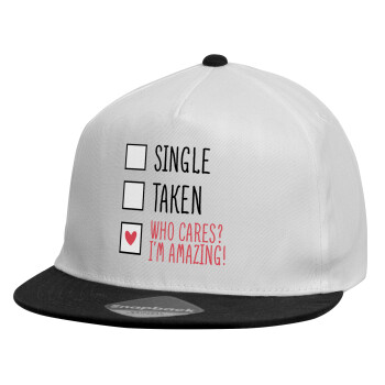 Single, Taken, Who cares i'm amazing, Καπέλο παιδικό Flat Snapback, Λευκό (100% ΒΑΜΒΑΚΕΡΟ, ΠΑΙΔΙΚΟ, UNISEX, ONE SIZE)