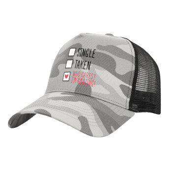 Single, Taken, Who cares i'm amazing, Καπέλο Structured Trucker, (παραλλαγή) Army Camo