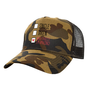 Single, Taken, Who cares i'm amazing, Adult Structured Trucker Hat, with Mesh, (Camouflage) Army (100% COTTON, ADULT, UNISEX, ONE SIZE)