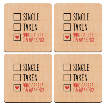 Single, Taken, Who cares i'm amazing, ΣΕΤ x4 Σουβέρ ξύλινα τετράγωνα plywood (9cm)