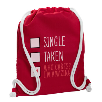 Single, Taken, Who cares i'm amazing, Τσάντα πλάτης πουγκί GYMBAG Κόκκινη, με τσέπη (40x48cm) & χονδρά κορδόνια