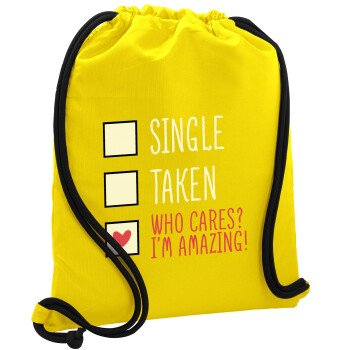 Single, Taken, Who cares i'm amazing, Τσάντα πλάτης πουγκί GYMBAG Κίτρινη, με τσέπη (40x48cm) & χονδρά κορδόνια