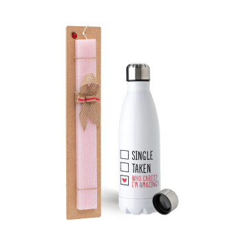 Single, Taken, Who cares i'm amazing, Easter Set, metallic stainless steel water bottle (750ml) & scented flat Easter candle (30cm) (PINK)