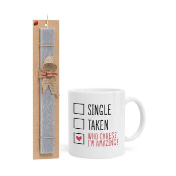 Single, Taken, Who cares i'm amazing, Easter Set, Ceramic Cup (330ml) & Easter aromatic flat candle (30cm) (GRAY)