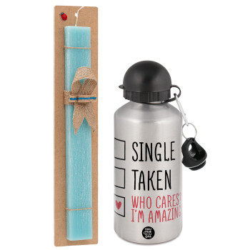 Single, Taken, Who cares i'm amazing, Easter Set, metallic silver aluminum water bottle (500ml) & scented flat Easter candle (30cm) (TURQUOISE)