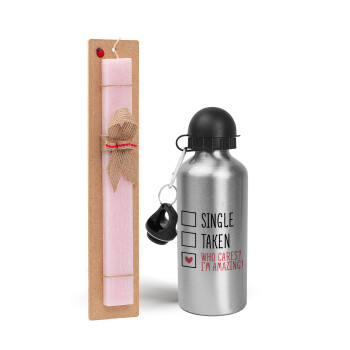 Single, Taken, Who cares i'm amazing, Easter Set, metallic Silver aluminum water bottle (500ml) & scented flat Easter candle (30cm) (PINK)