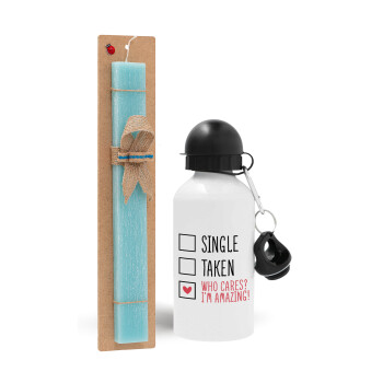 Single, Taken, Who cares i'm amazing, Easter Set, metallic aluminum water bottle (500ml) & scented flat candle (30cm) (TURQUOISE)