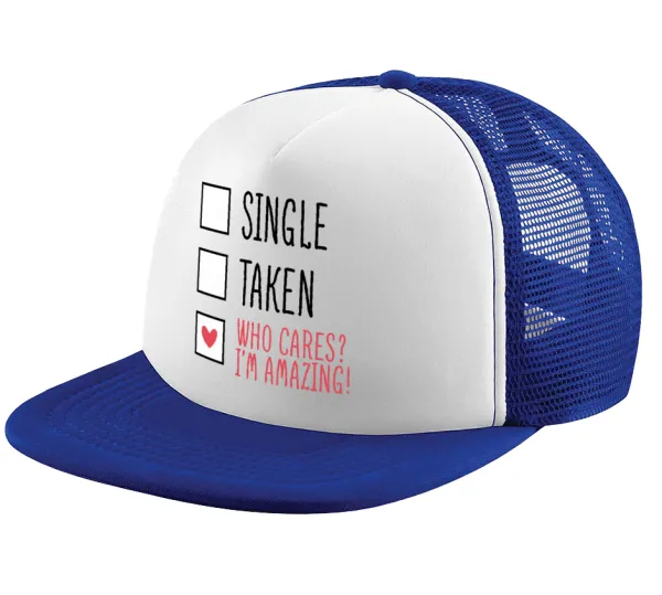 Single — Adult Soft Trucker Hat with Blue/White Mesh (POLYESTER, ADULT, UNISEX, ONE SIZE)