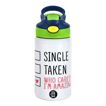 Single, Taken, Who cares i'm amazing, Παιδικό παγούρι θερμό, ανοξείδωτο, με καλαμάκι ασφαλείας, πράσινο/μπλε (350ml)