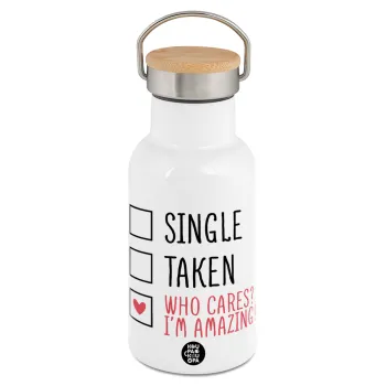 Single, Taken, Who cares i'm amazing, Μεταλλικό παγούρι θερμός (Stainless steel) Λευκό με ξύλινο καπακι (bamboo), διπλού τοιχώματος, 350ml