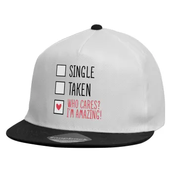 Single, Taken, Who cares i'm amazing, Καπέλο παιδικό Flat Snapback, Λευκό (100% ΒΑΜΒΑΚΕΡΟ, ΠΑΙΔΙΚΟ, UNISEX, ONE SIZE)
