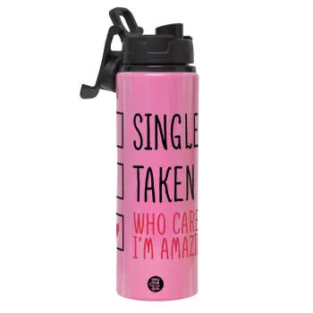 Single, Taken, Who cares i'm amazing, Μεταλλικό παγούρι νερού με καπάκι ασφαλείας, αλουμινίου 850ml