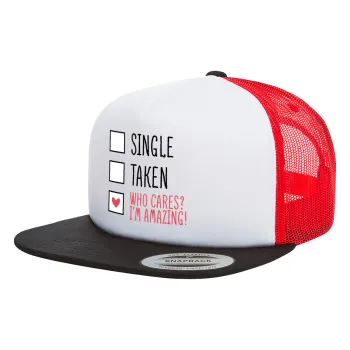 Single, Taken, Who cares i'm amazing, Καπέλο Ενηλίκων Foam Flat Snapback με Δίχτυ Μαύρο-Λευκό-Κόκκινο (POLYESTER, ΕΝΗΛΙΚΩΝ, UNISEX, ONE SIZE)