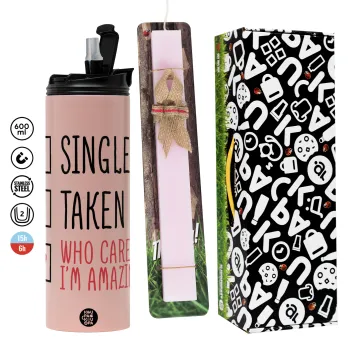 Single, Taken, Who cares i'm amazing, Easter candle,Travel Tumbler 2 Lids, with metal straw & cleaning brush & aromatic flat candle (30cm) (PINK)