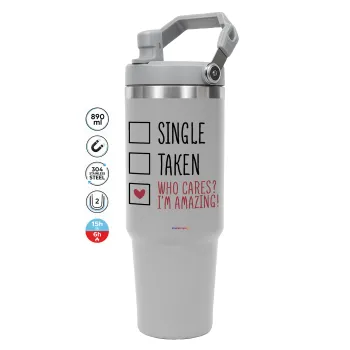 Single, Taken, Who cares i'm amazing, ΓΚΡΙ χρώματος Θερμός Ανοξείδωτο 890ml (30oz) με χερούλι
