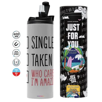 Single, Taken, Who cares i'm amazing, Tumbler ποτήρι θερμό ΓΚΡΙ από ανοξείδωτο ατσάλι 600ml