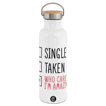 Single, Taken, Who cares i'm amazing, Μεταλλικό παγούρι θερμός (Stainless steel) Λευκό με ξύλινο καπάκι (bamboo), διπλού τοιχώματος, 750ml
