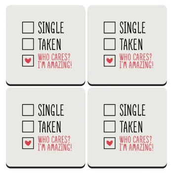 Single, Taken, Who cares i'm amazing, ΣΕΤ 4 Σουβέρ ξύλινα τετράγωνα (9cm)