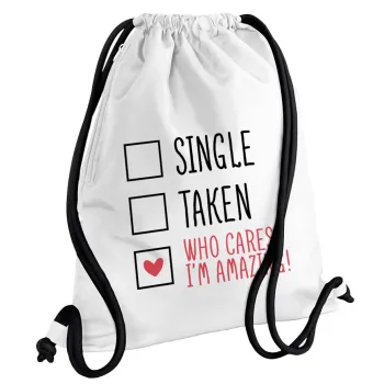 Single, Taken, Who cares i'm amazing, Τσάντα πλάτης πουγκί GYMBAG λευκή, με τσέπη (40x48cm) & χονδρά κορδόνια