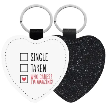 Single, Taken, Who cares i'm amazing, Μπρελόκ PU δερμάτινο glitter καρδιά ΜΑΥΡΟ