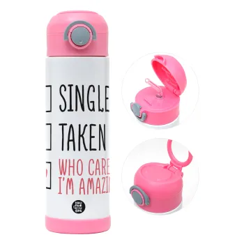 Single, Taken, Who cares i'm amazing, Children's hot water bottle, stainless steel, with safety straw, PINK (500ml)