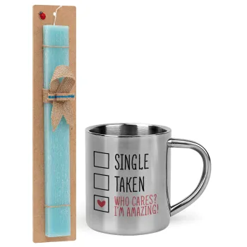 Single, Taken, Who cares i'm amazing, Easter Set, metallic thermal cup (300ml) & aromatic flat Easter candle (30cm) (TURQUOISE)