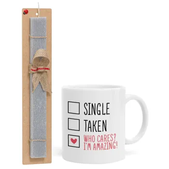 Single, Taken, Who cares i'm amazing, Easter Set, Ceramic Cup (330ml) & Easter aromatic flat candle (30cm) (GRAY)