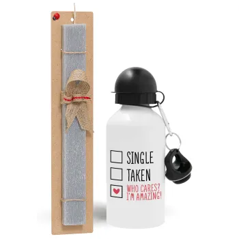 Single, Taken, Who cares i'm amazing, Easter Set, metallic aluminum water bottle (500ml) & aromatic flat Easter candle (30cm) (GRAY)