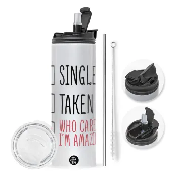 Single, Taken, Who cares i'm amazing, Travel Tumbler θερμό με διπλό καπάκι, μεταλλικό καλαμάκι και βούρτσα καθαρισμού (Ανωξείδωτο 304 Food grade, BPA free, 600ml)