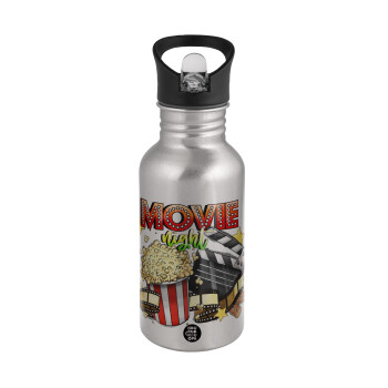 Movie night, Water bottle Silver with straw, stainless steel 500ml