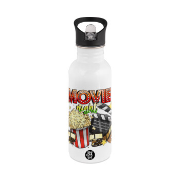 Movie night, White water bottle with straw, stainless steel 600ml