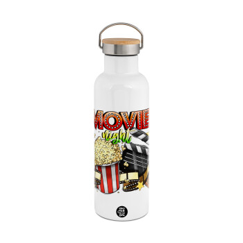 Movie night, Stainless steel White with wooden lid (bamboo), double wall, 750ml