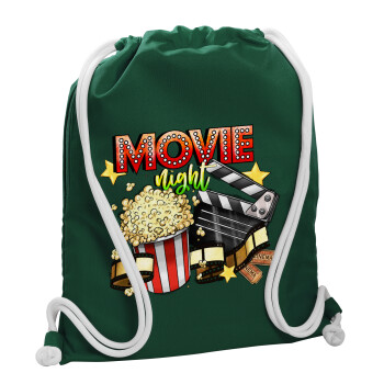 Movie night, Backpack pouch GYMBAG BOTTLE GREEN, with pocket (40x48cm) & thick white cords