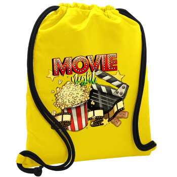 Movie night, Τσάντα πλάτης πουγκί GYMBAG Κίτρινη, με τσέπη (40x48cm) & χονδρά κορδόνια