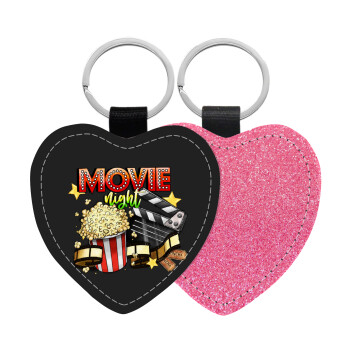 Movie night, Μπρελόκ PU δερμάτινο glitter καρδιά ΡΟΖ