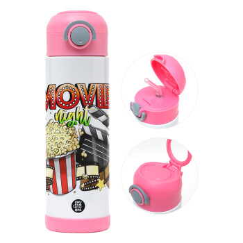 Movie night, Children's hot water bottle, stainless steel, with safety straw, PINK (500ml)