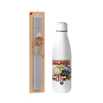 Movie night, Easter Set, metallic stainless thermos bottle (500ml) & scented flat Easter candle (30cm) (GRAY)