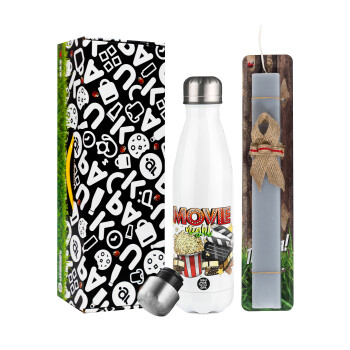 Movie night, Easter candle, metallic white thermos bottle (500ml) & aromatic flat candle (30cm) (GRAY)