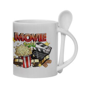 Movie night, Ceramic coffee mug with Spoon, 330ml (1pcs)