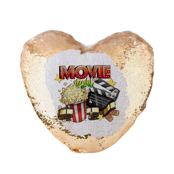 Movie night, Μαξιλάρι καναπέ καρδιά Μαγικό Χρυσό με πούλιες 40x40cm περιέχεται το  γέμισμα