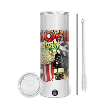 Movie night, Eco friendly stainless steel tumbler 600ml, with metal straw & cleaning brush