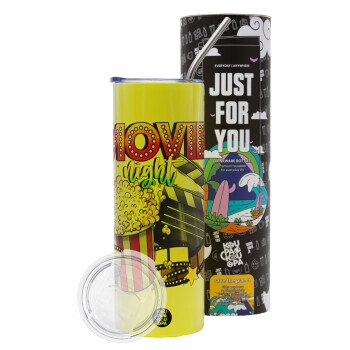 Movie night, Neon Yellow Travel Tumbler, with metal straw (Stainless steel 304 Food grade, BPA free, 600ml)
