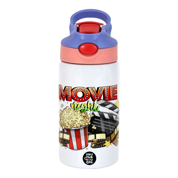 Movie night — Παιδικό παγούρι θερμό, ανοξείδωτο, με καλαμάκι ασφαλείας, ροζ/μωβ (350ml)