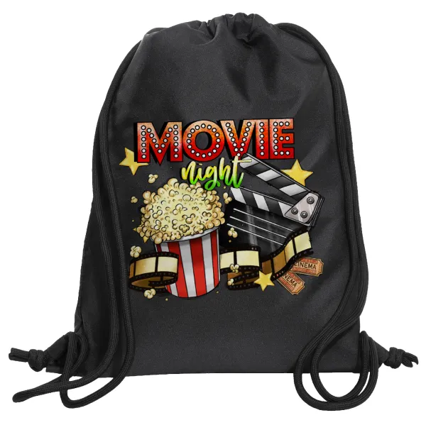 Movie night — Τσάντα πλάτης πουγκί GYMBAG Μαύρη, με τσέπη (40x48cm) & χονδρά κορδόνια