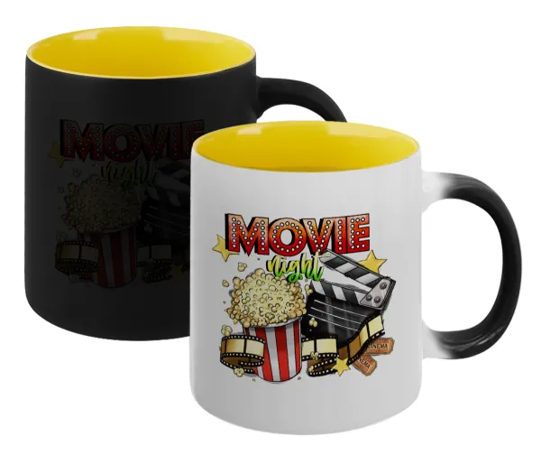 Movie night — Κούπα Μαγική εσωτερικό κίτρινη, κεραμική 330ml που αλλάζει χρώμα με το ζεστό ρόφημα