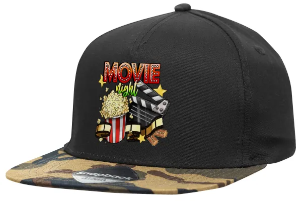 Movie night — Adult Flat Snapback Hat Black/Camouflage, (100% COTTON TWILL, ADULT, UNISEX, ONE SIZE)