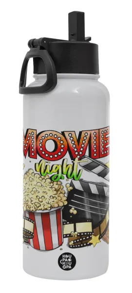 Movie night — Metal mug thermo White with Straw and Spout Lid (Stainless steel), double wall, 950ml