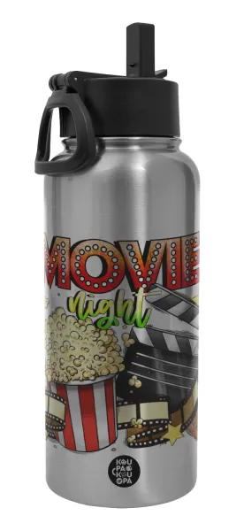 Movie night — Μεταλλικό παγούρι θερμός Silver με καλαμάκι και χερούλι (Stainless steel), διπλού τοιχώματος, 950ml